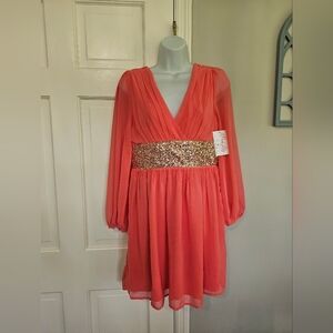 Pink Lily Coral Long Sleeve Dress with Gold Sequin Waist